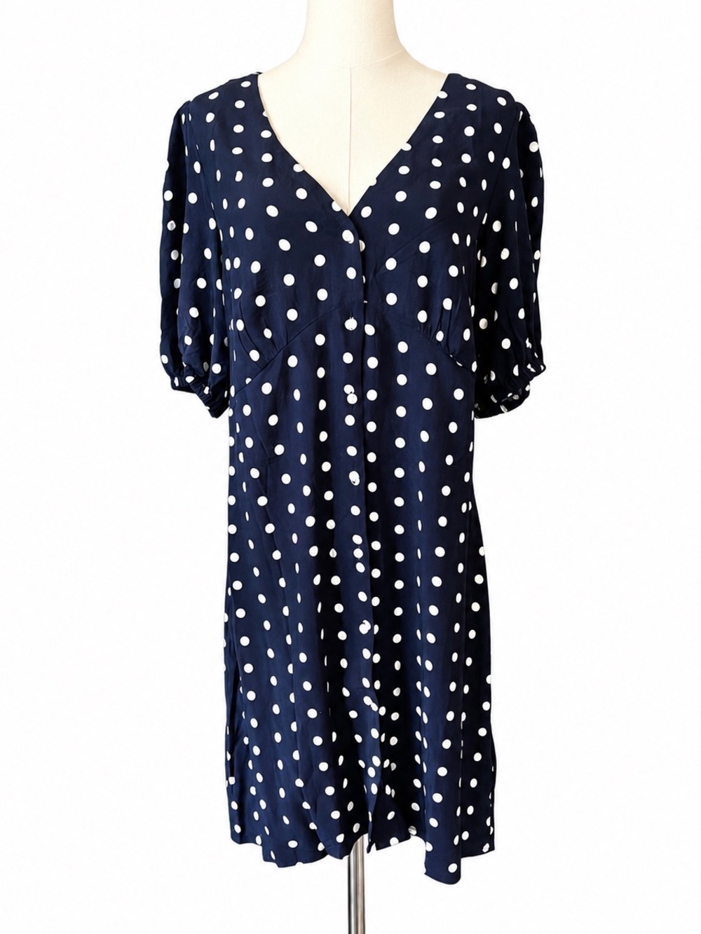 NWT Women’s Large Navy Polka Dot Button Front Dress Puff Sleeve
